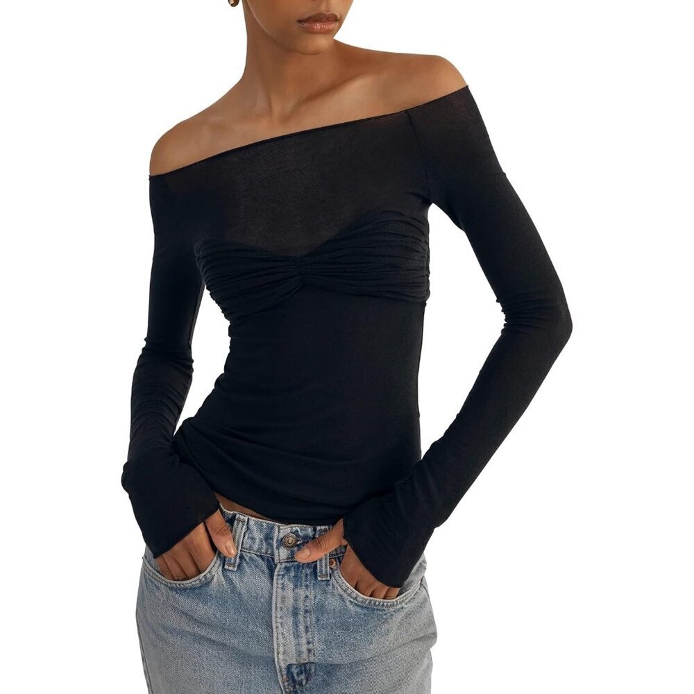 Women Off Shoulder Mesh Shirt Slim Long Sleeve Blouse See Through Top